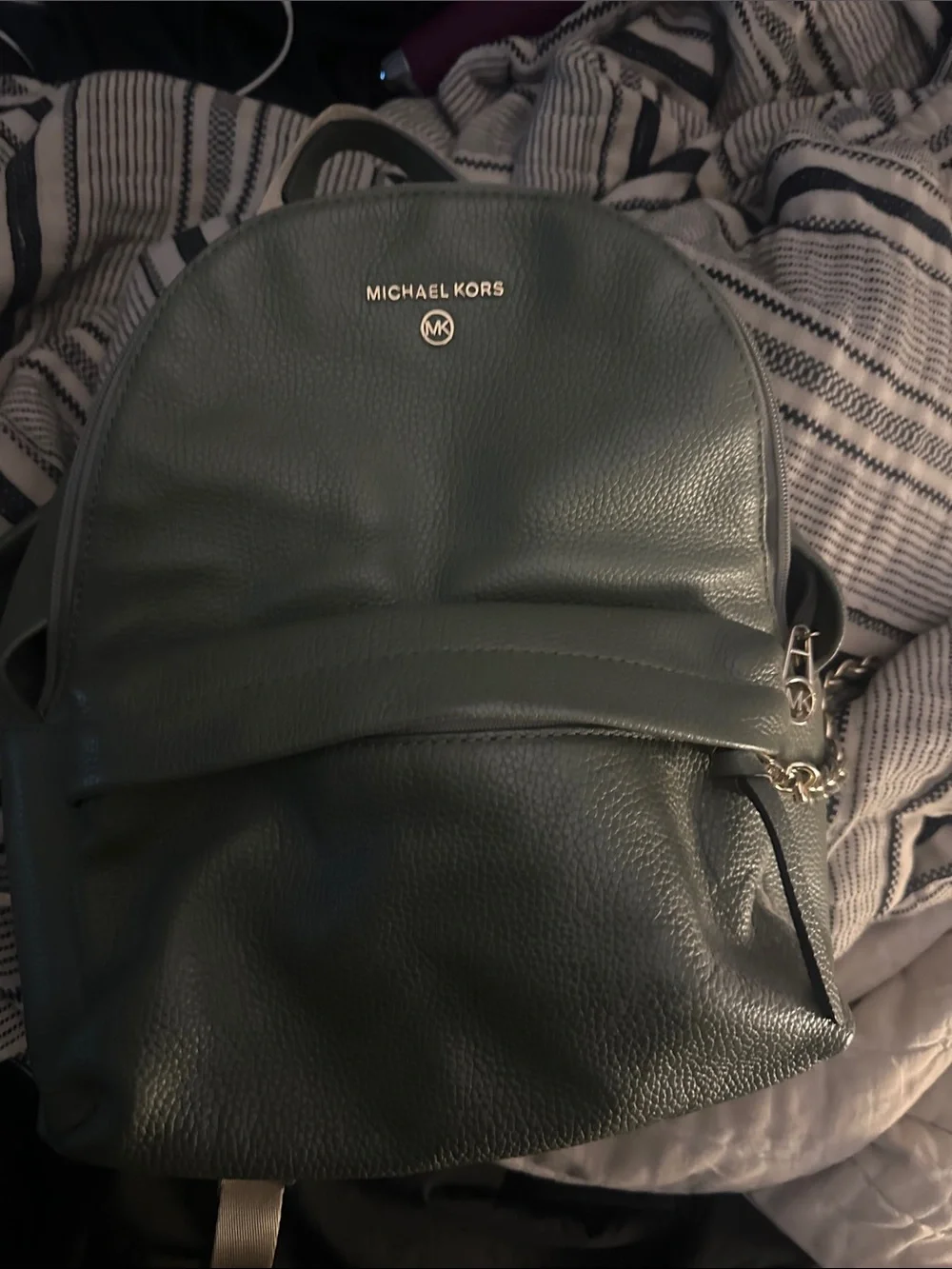 Michael Kors Dark Green Pebbled Leather Backpack with Gold Hardware